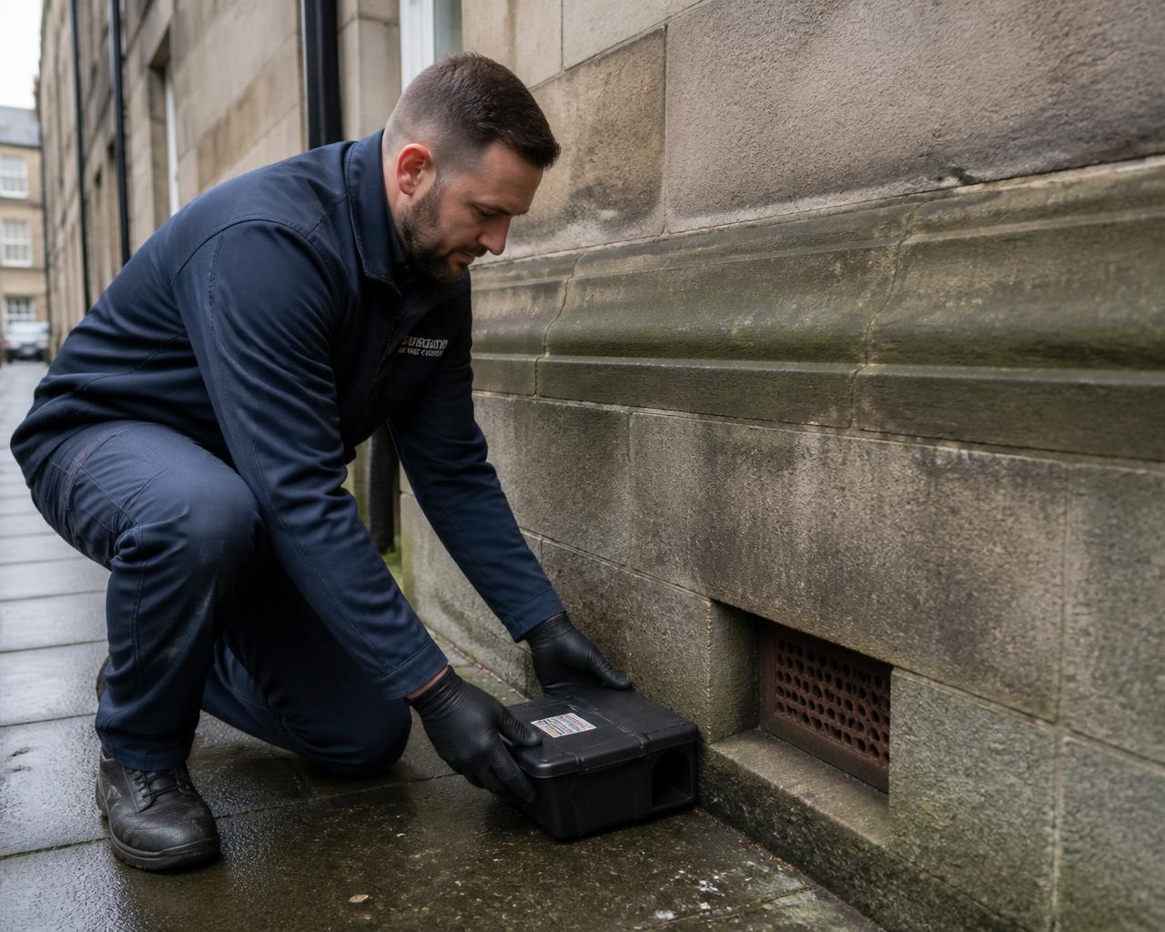 Pest control technician placing a rodent bait station beside a stone-built property in Ayrshire